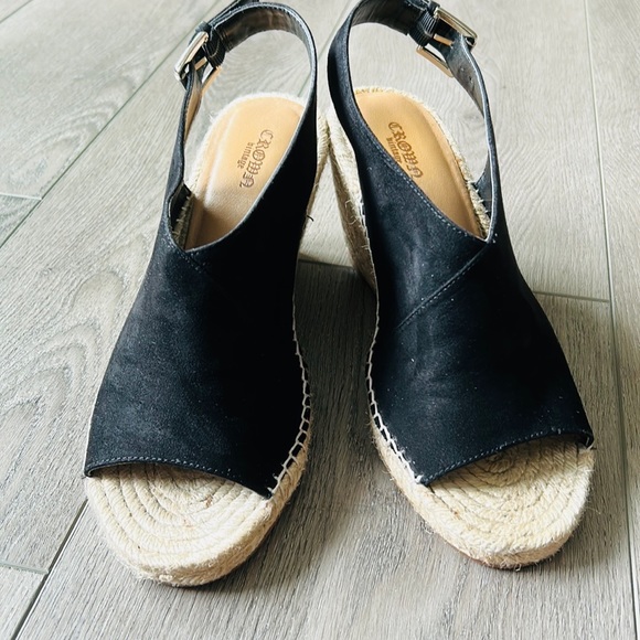 Crown Vintage Black Shanie Peep Toe Suede Espadrille Wedge Sandal Size 9 - Picture 3 of 8